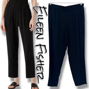 Eileen Fisher Silk Georgette Crepe Pleated Tapered Pants M Black Lagenlook Luxe